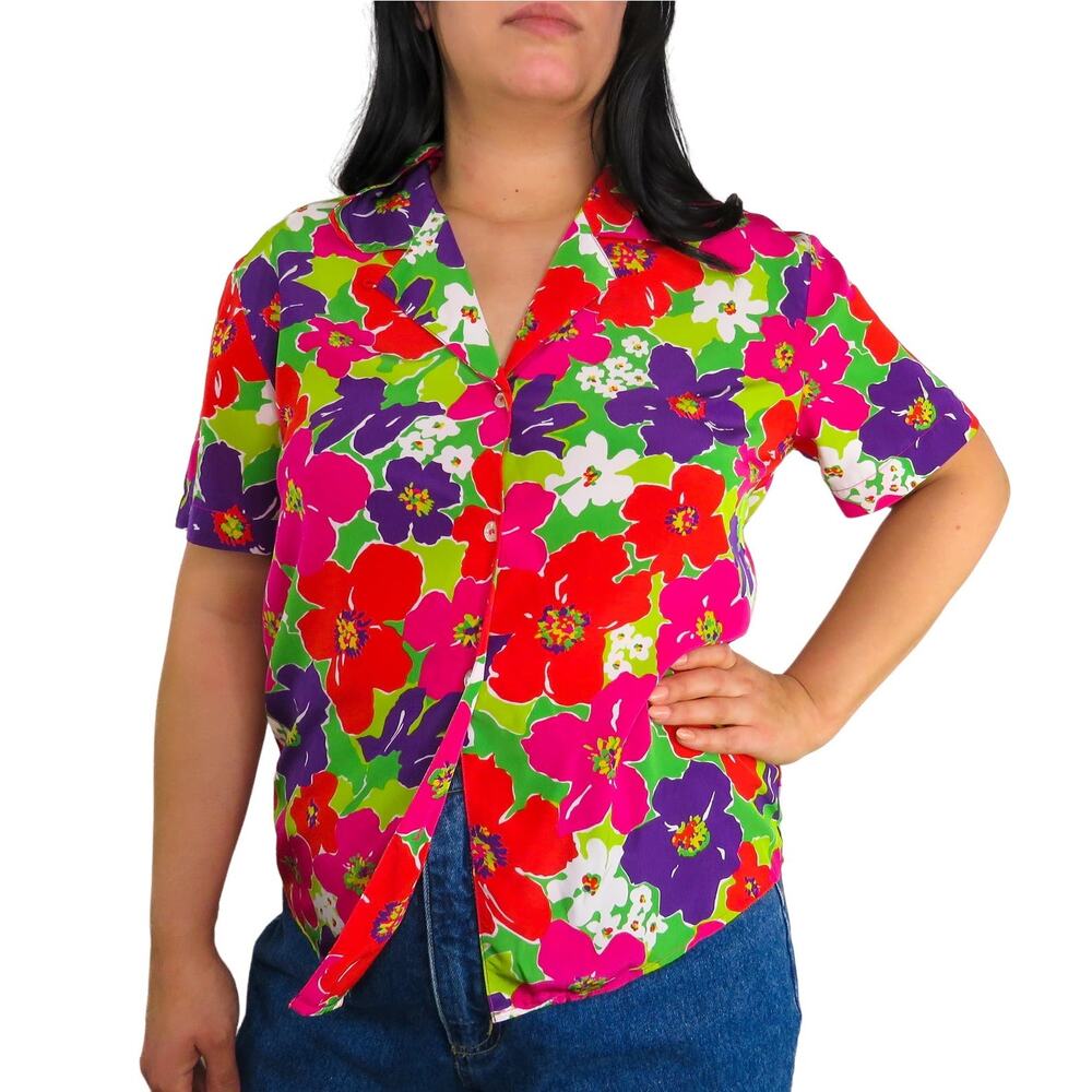 1990s Vintage Liz Claiborne Vibrant Multicolor Floral Button Down Blouse Small
